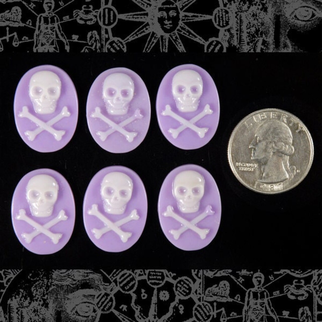 Lavender and White Skull and Crossbones 24mm x 18mm Resin Cameos - Set of Six - CAM58